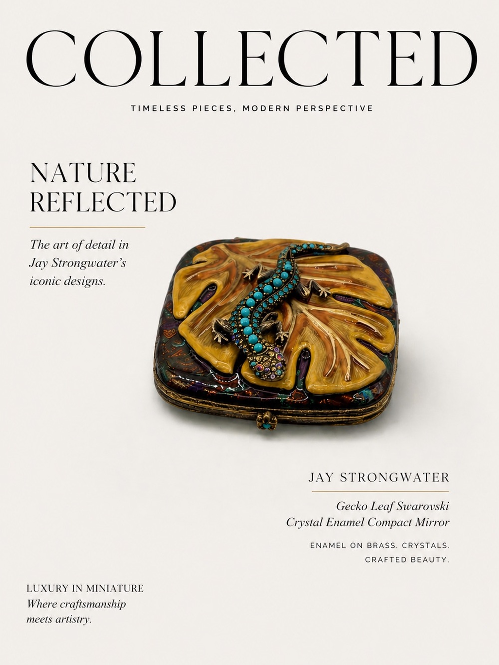 Jay Strongwater Swarovski Crystal Gecko Leaf Enamel Compact Mirror Gold Tone